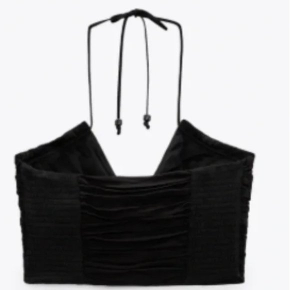 ZARA Black Crepe Double Lined Stretch Smocked Sides Draped Halter Crop Top - Picture 2 of 6